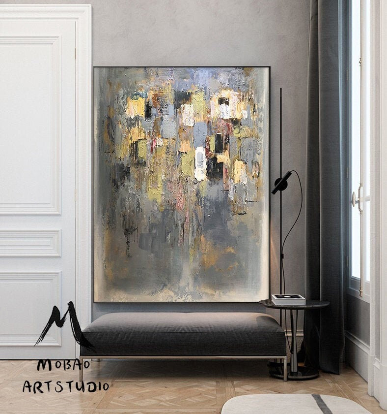 Large Gold Cubes White Abstract  Painting, Modern Painting, Abstract Wall Art Palette Knife Artwork Clear Painting, Office Decor Painting