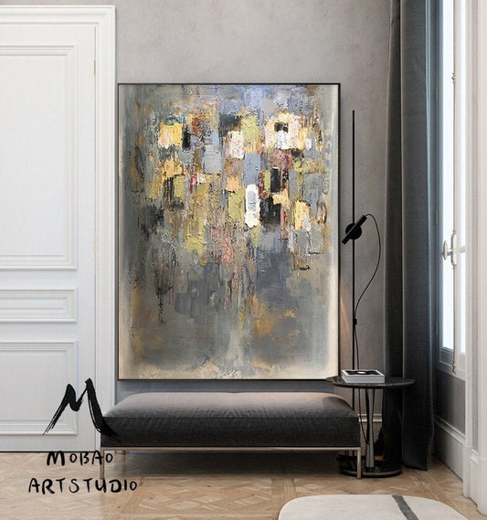 Large Gold Cubes White Abstract  Painting, Modern Painting, Abstract Wall Art Palette Knife Artwork Clear Painting, Office Decor Painting
