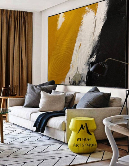 Black Abstract Painting Original, Yellow Painting White Painting,Minimalist Abstract Art,White Abstract Painting,Modern Living Room Art
