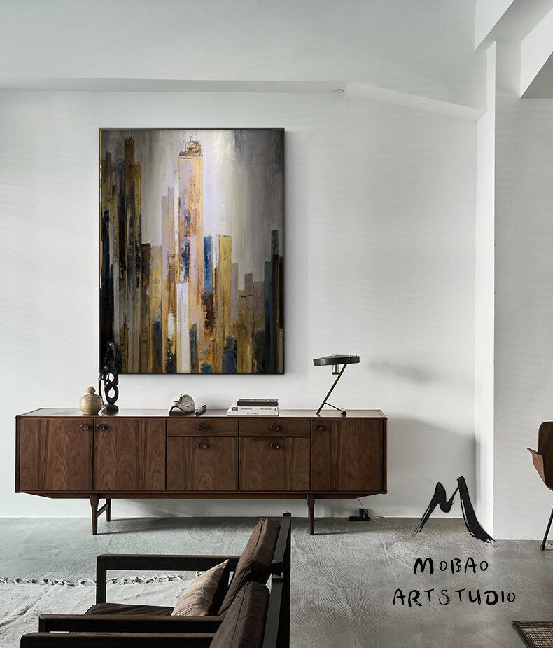 Large Citysacpe painted on canvas, Original skyline painting, City View Abstract painting,New York city oil painting,Large Wall art painting