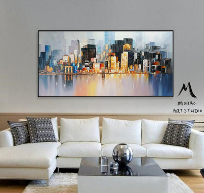 Large City art abstract painting, Large wall art oil painting, Future New York City Landscape Knife painting, Original city art oil painting