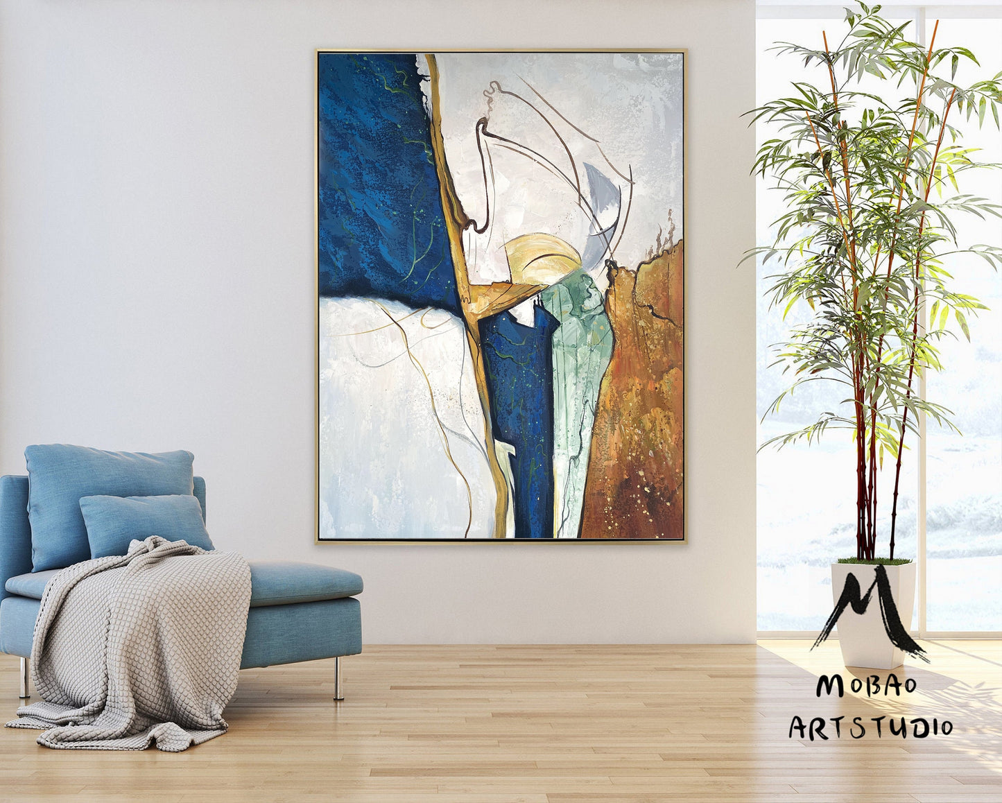 Begie Minimalist Abstract Painting,Original Abstract Painting,Gold Painting Navy Blue Painting,Large Abstract Painting,Large Canvas Painting