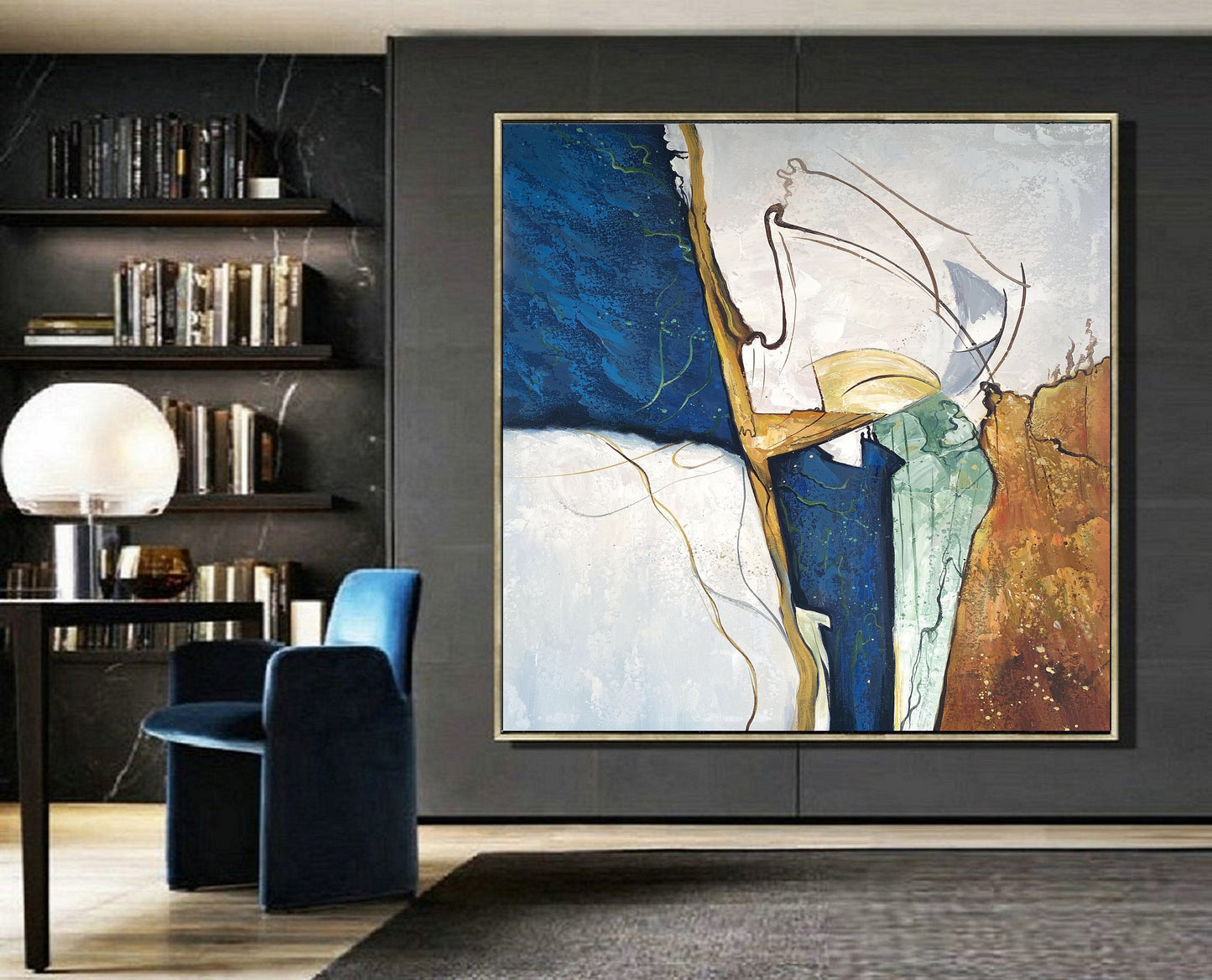 Dark Blue Painting,Original Abstract Painting,Large Abstract Painting,Minimalist Abstract Painting,Gold Painting Large Wall Canvas Painting