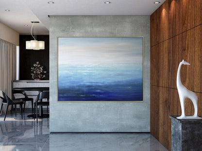 Large Blue Sea Abstract Art, Light Blue Ocean Abstract Painting,Sea Wave Abstract Canvas Oil Painting,Beige Sky Abstract Landscape Painting