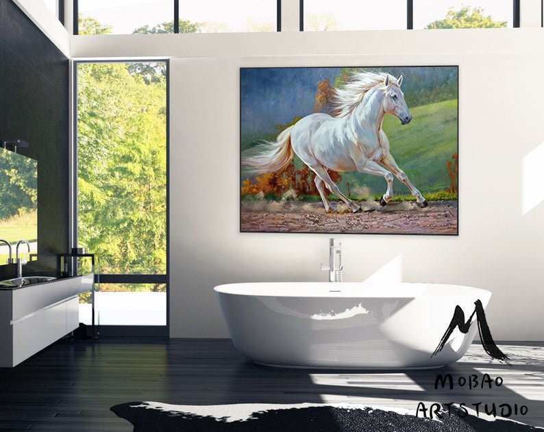 White Horse Painting Large Canvas Art Horse Decor Horse Oil Painting Large Oil Painting Horse Wall Art Large Wall Art Living Room Art #M5132
