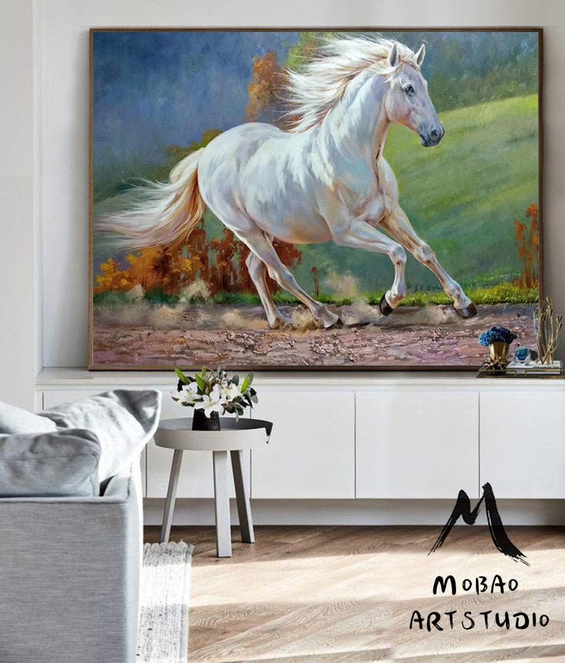 White Horse Painting Large Canvas Art Horse Decor Horse Oil Painting Large Oil Painting Horse Wall Art Large Wall Art Living Room Art #M5132