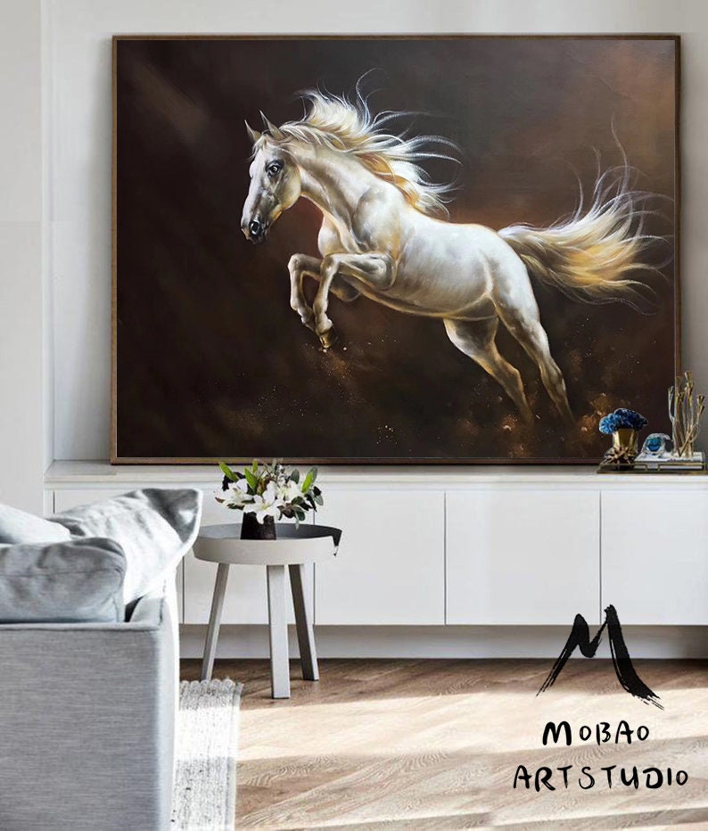 White Horse Painting Large Oil Painting Horse Wall Art Large Canvas Art Horse Decor Horse Oil Painting Large Wall Art Living Room Art #M5131