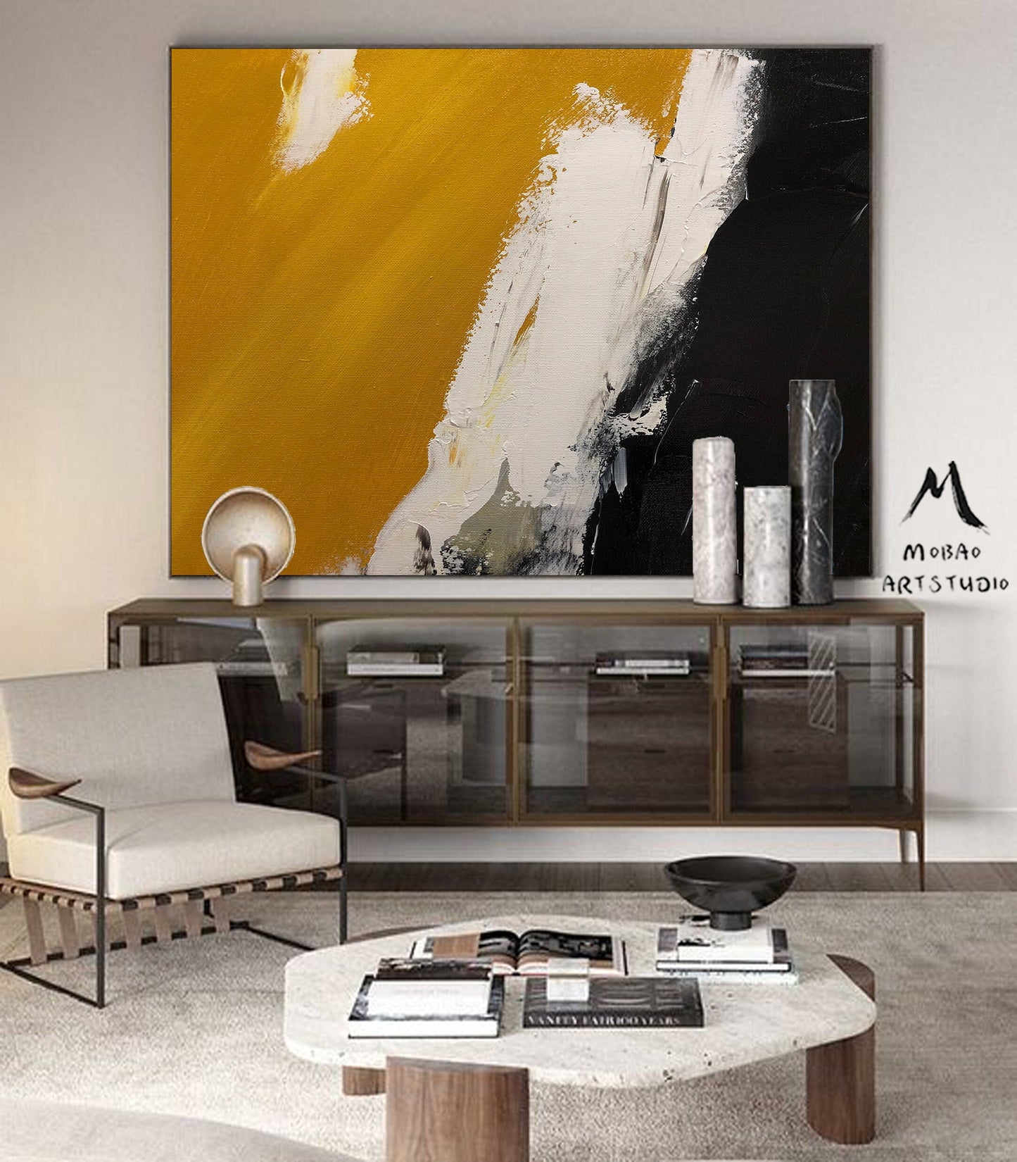 Black Abstract Painting Original, Yellow Painting White Painting,Minimalist Abstract Art,White Abstract Painting,Modern Living Room Art