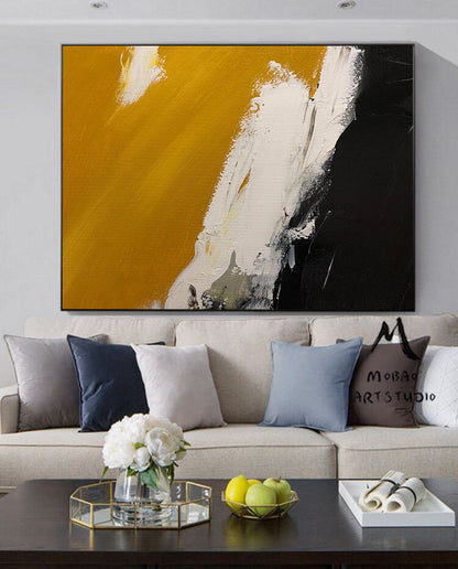 Black Abstract Painting Original, Yellow Painting White Painting,Minimalist Abstract Art,White Abstract Painting,Modern Living Room Art
