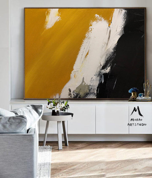 Black Abstract Painting Original, Yellow Painting White Painting,Minimalist Abstract Art,White Abstract Painting,Modern Living Room Art