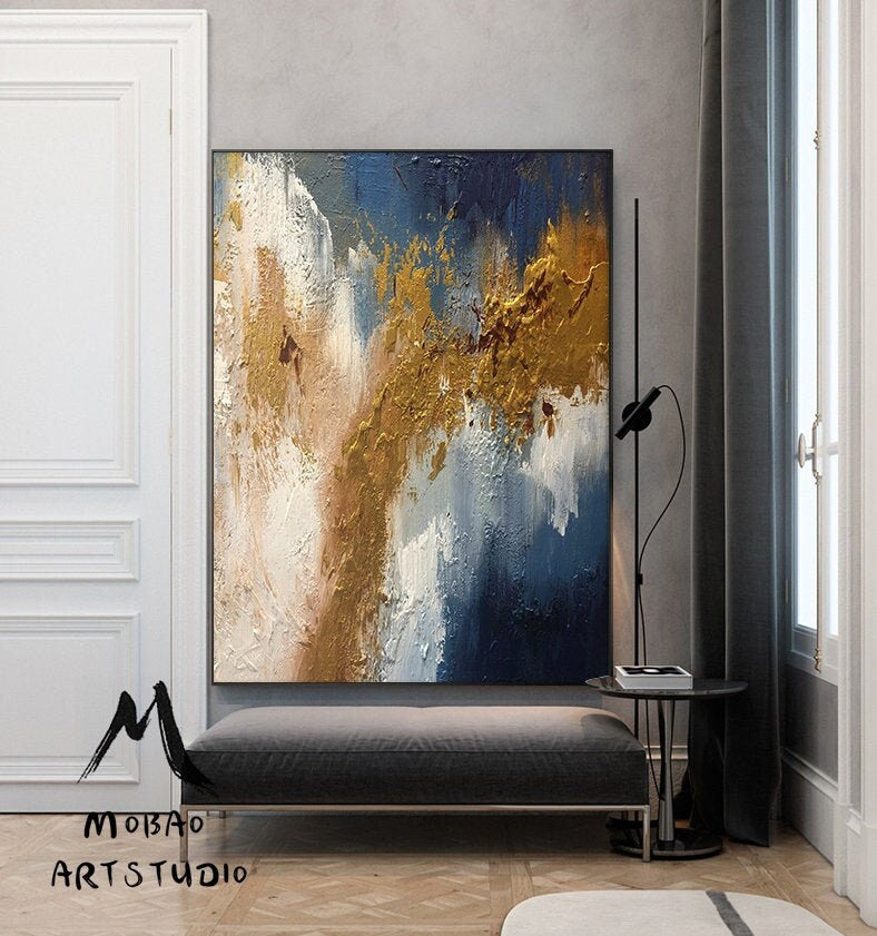 Extra Large Painting on Canvas,Original Large Abstract Painting,Contemporary Art Modern Oil Painting Large Blue Painting Gold Abstract Art