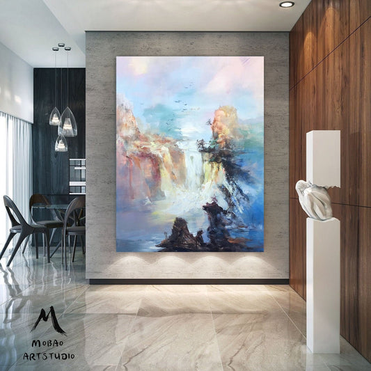 Large Original Landscape Painting, Waterfall landscape painting, Landscape abstract painting,Blue Sea Painting,Extra large wall art painting