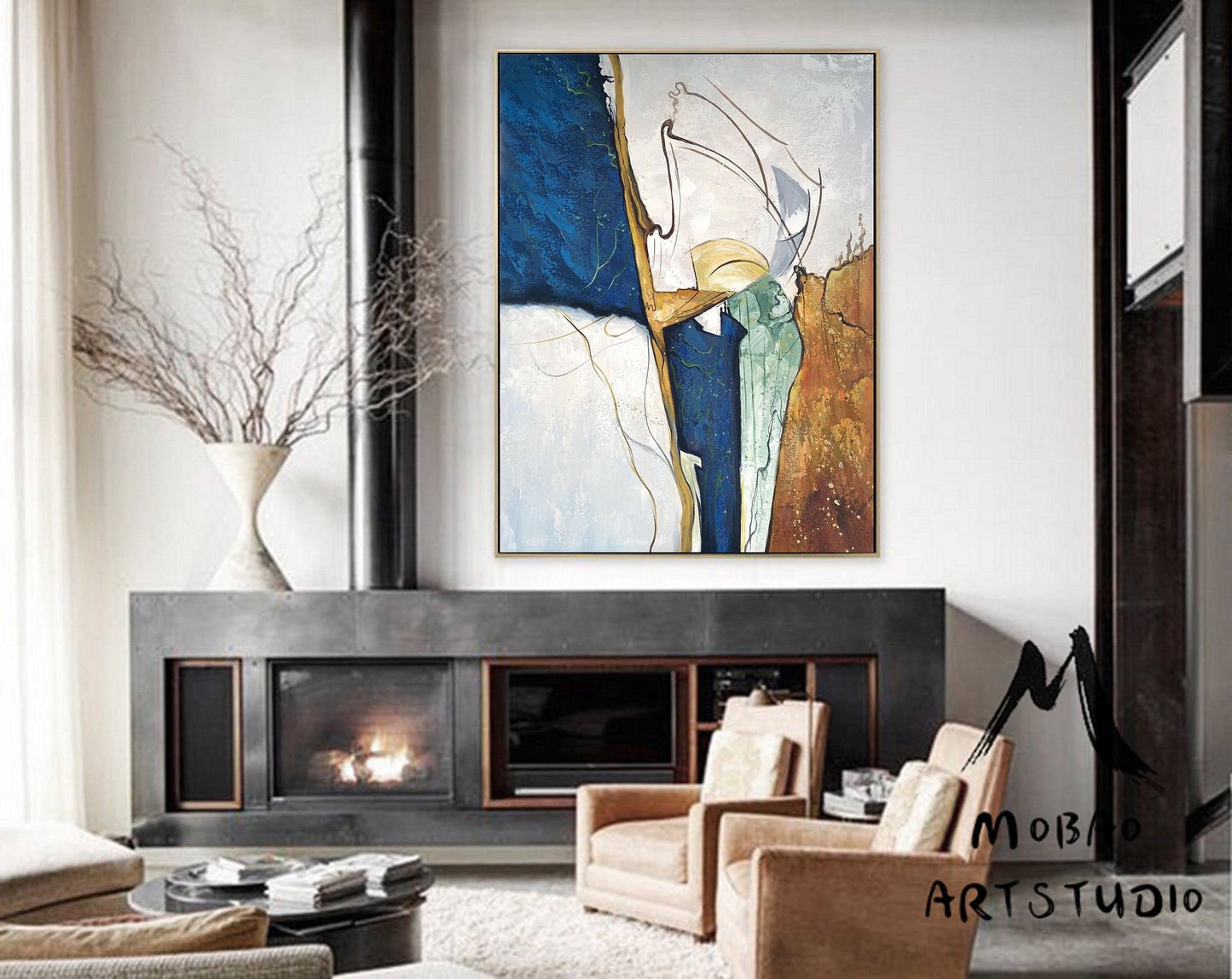 Begie Minimalist Abstract Painting,Original Abstract Painting,Gold Painting Navy Blue Painting,Large Abstract Painting,Large Canvas Painting