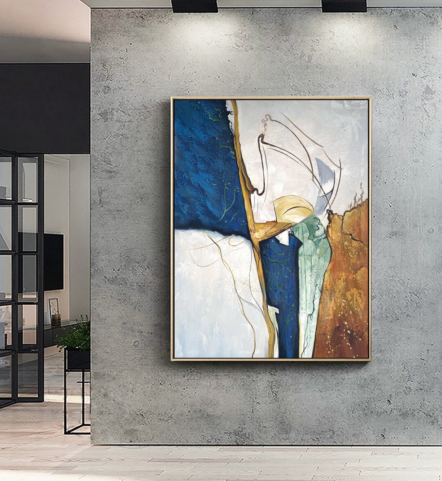 Begie Minimalist Abstract Painting,Original Abstract Painting,Gold Painting Navy Blue Painting,Large Abstract Painting,Large Canvas Painting
