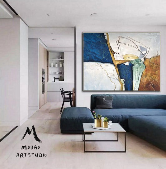 Large Gold Abstract Painting,Original Blue Abstract Painting,Minimalist Abstract Painting,Beige Painting Large Sofa Wall Canvas Oil Painting