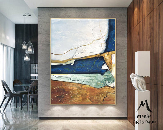 Large Blue Abstract painting Blue Minimalism Painting Beige Wall Art Beige Canvas Painting Gold Abstract Art Gold Canvas Wall Art Painting
