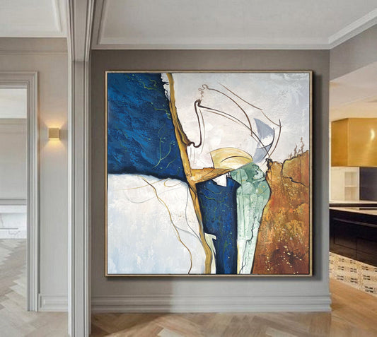 Dark Blue Painting,Original Abstract Painting,Large Abstract Painting,Minimalist Abstract Painting,Gold Painting Large Wall Canvas Painting