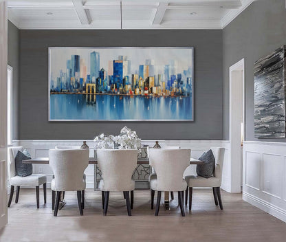 Large Urban Abstract painting, Blue Landscape Abstract Painting, New York City Landscape painting, Original city art painting,Large well art