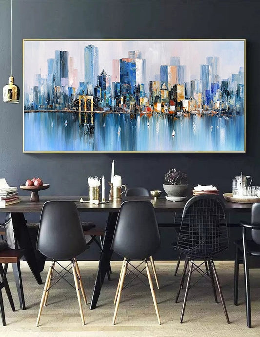 Large Urban Abstract painting, Blue Landscape Abstract Painting, New York City Landscape painting, Original city art painting,Large well art