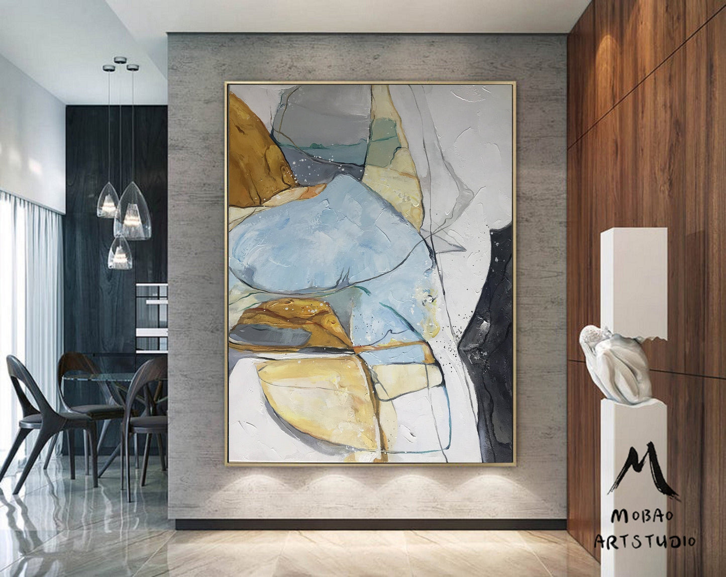 Large Minimalist Abstract Painting,Abstract Art Original Glod Painting Blue Painting, Minimalist Abstract Painting,Large Canvas Painting