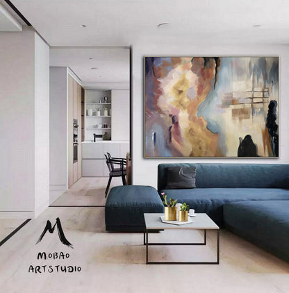 Large Minimalist Art Abstract Painting,Gold Painting Beige Abstract Painting,Sky Abstract Painting,Modern Minimalist Art,Large Wall Canvas