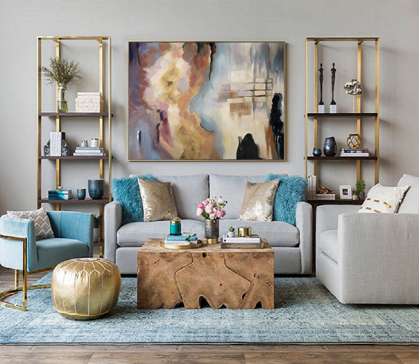 Large Minimalist Art Abstract Painting,Gold Painting Beige Abstract Painting,Sky Abstract Painting,Modern Minimalist Art,Large Wall Canvas