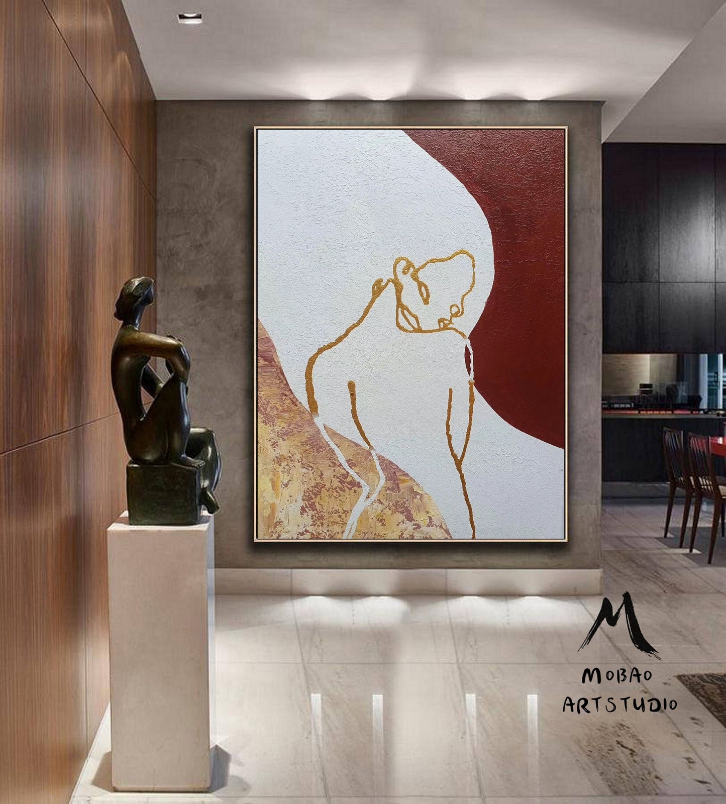 Original Sexy Women Abstract painting, Minimalist Art, Gold Painting Beige Abstract Painting, Large Abstract Painting, Large Sofa Wall Art