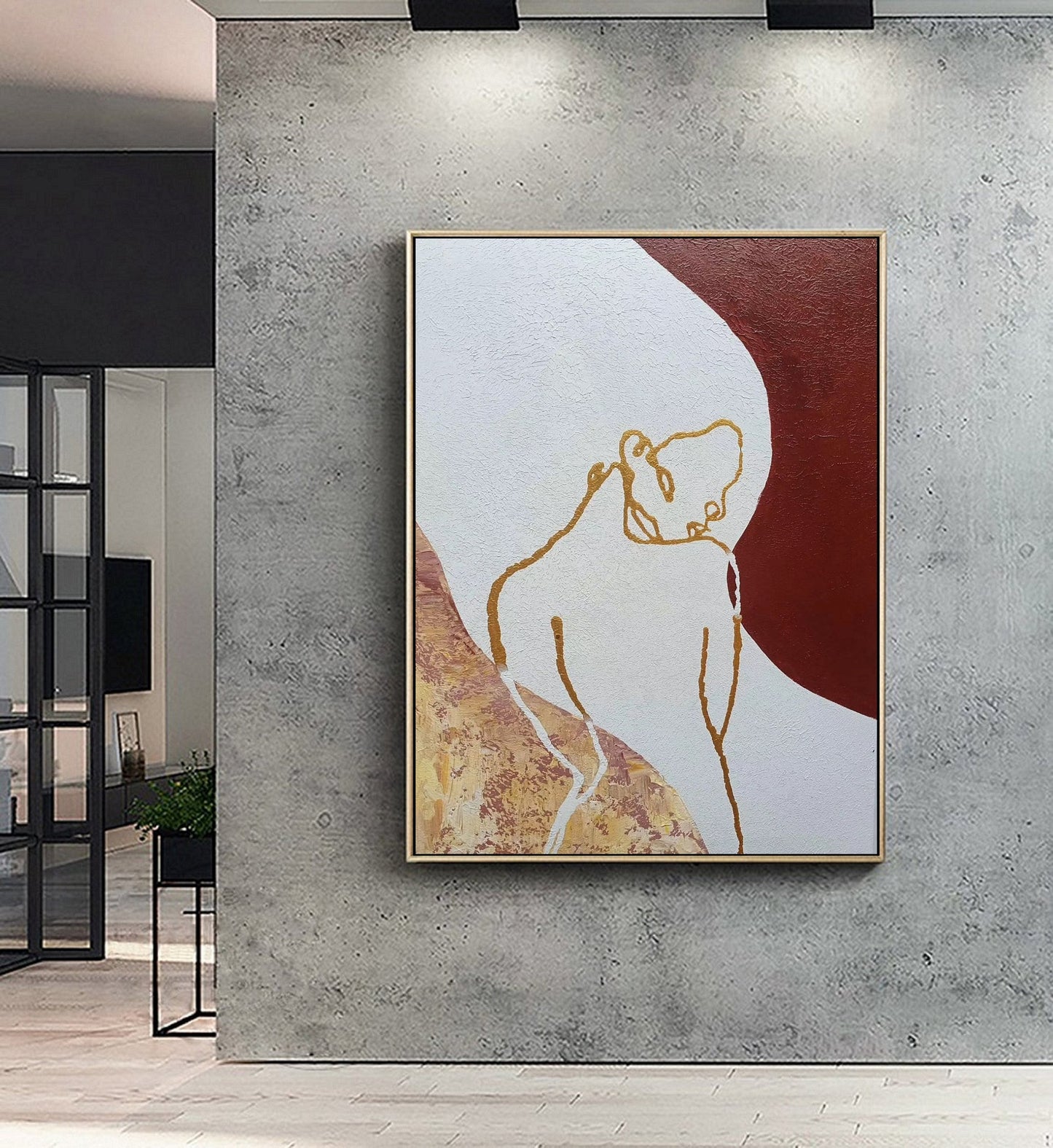 Original Sexy Women Abstract painting, Minimalist Art, Gold Painting Beige Abstract Painting, Large Abstract Painting, Large Sofa Wall Art