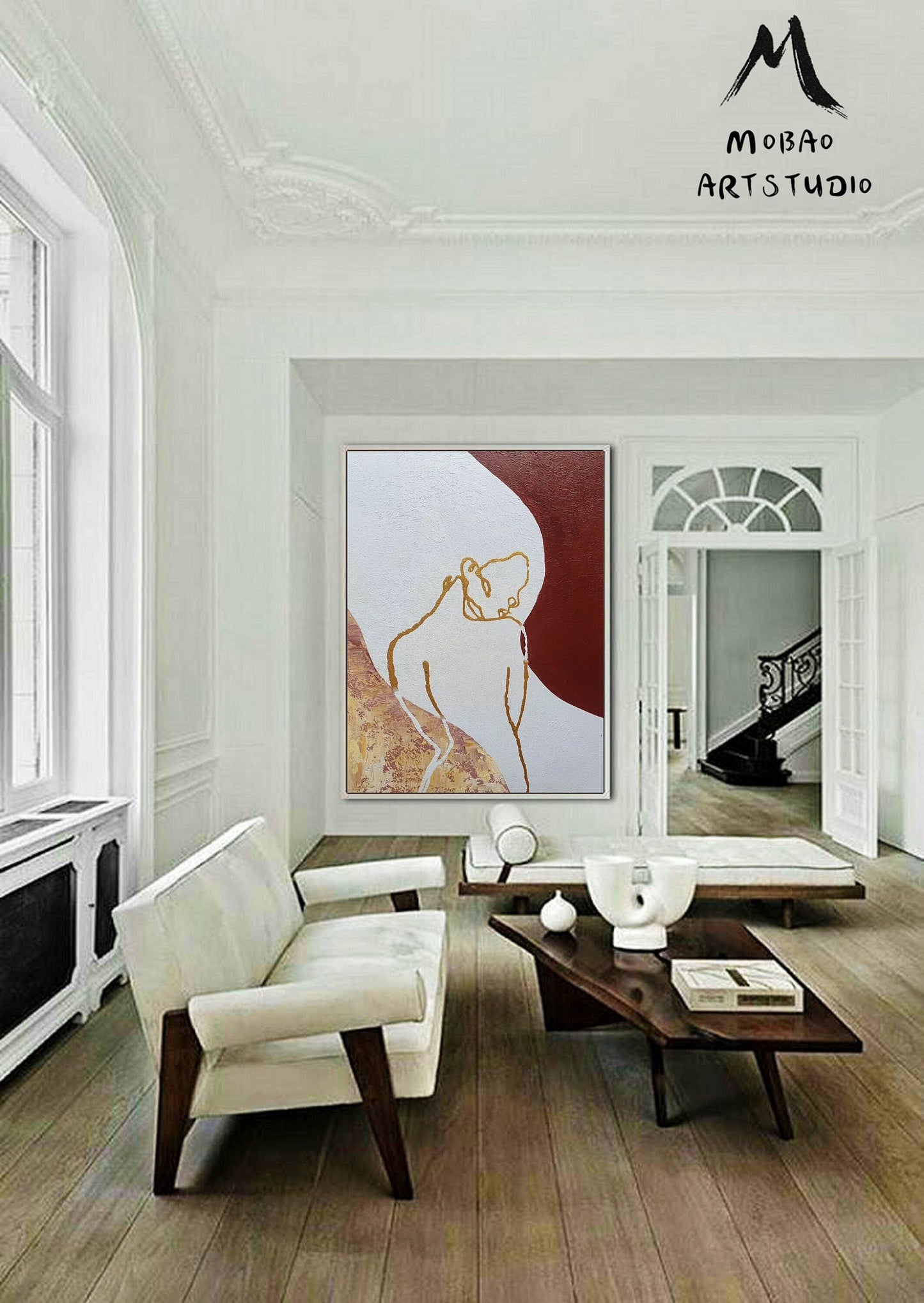 Original Sexy Women Abstract painting, Minimalist Art, Gold Painting Beige Abstract Painting, Large Abstract Painting, Large Sofa Wall Art