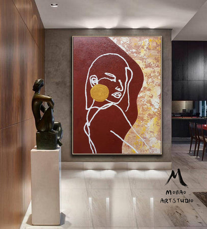 Sexy Women Abstract Painting, Original Minimalist Art, Red Painting Gold Abstract Painting,Large Abstract Painting, Large Sofa Wall Art