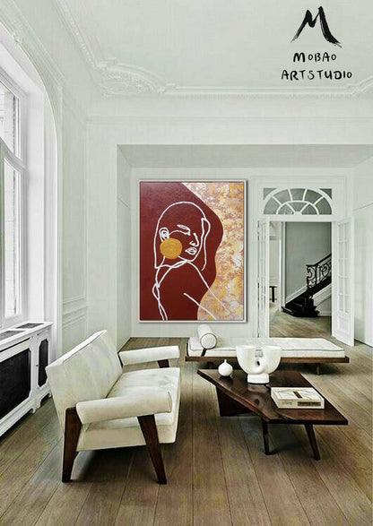 Sexy Women Abstract Painting, Original Minimalist Art, Red Painting Gold Abstract Painting,Large Abstract Painting, Large Sofa Wall Art