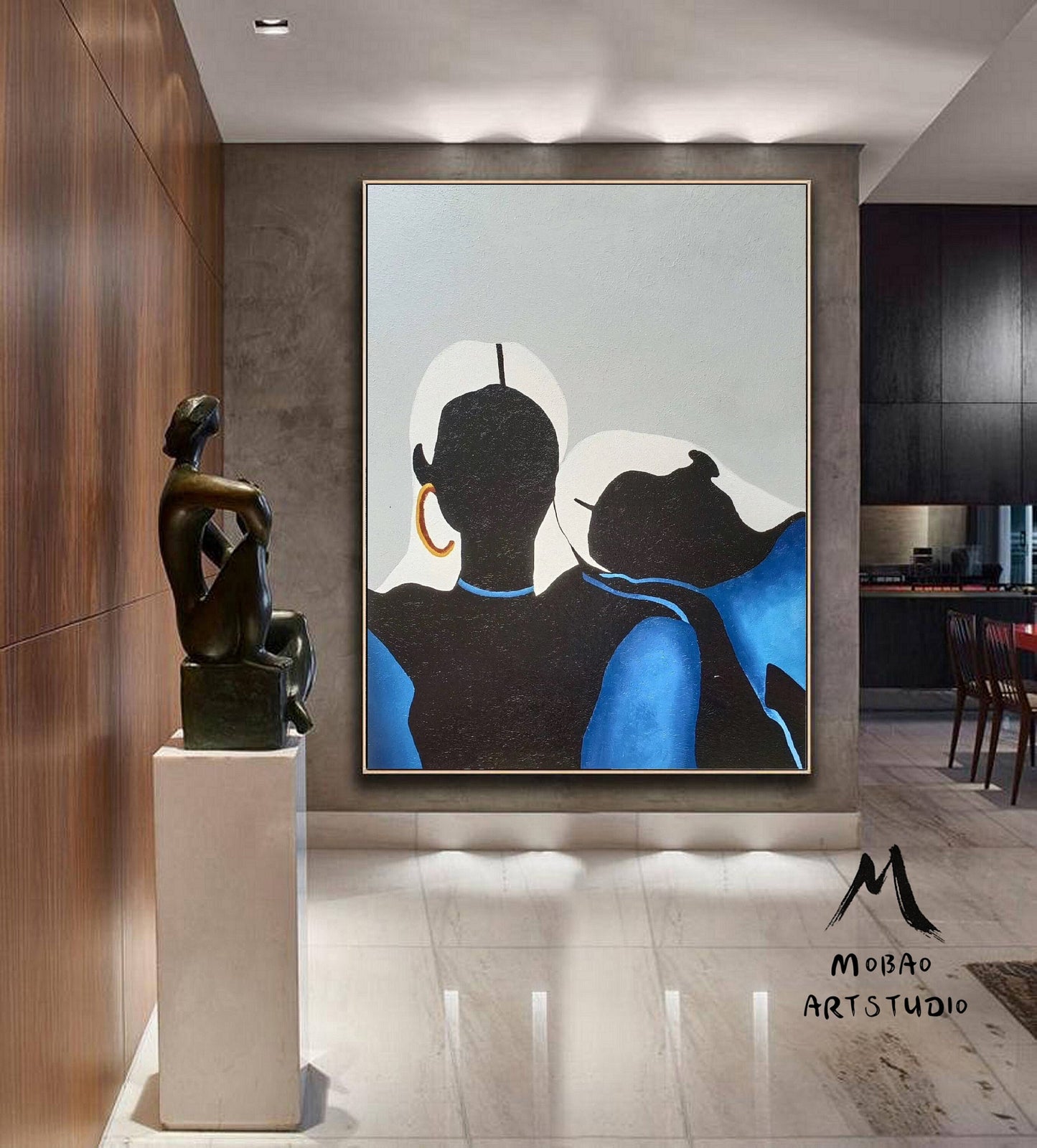 Original Sexy Women Minimalist Art Abstract Painting, Black Painting Blue Abstract Painting, Large Abstract Painting, Large Sofa Wall Art
