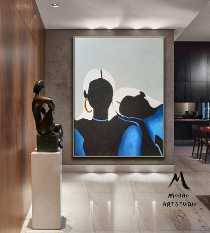 Original Sexy Women Minimalist Art Abstract Painting, Black Painting Blue Abstract Painting, Large Abstract Painting, Large Sofa Wall Art