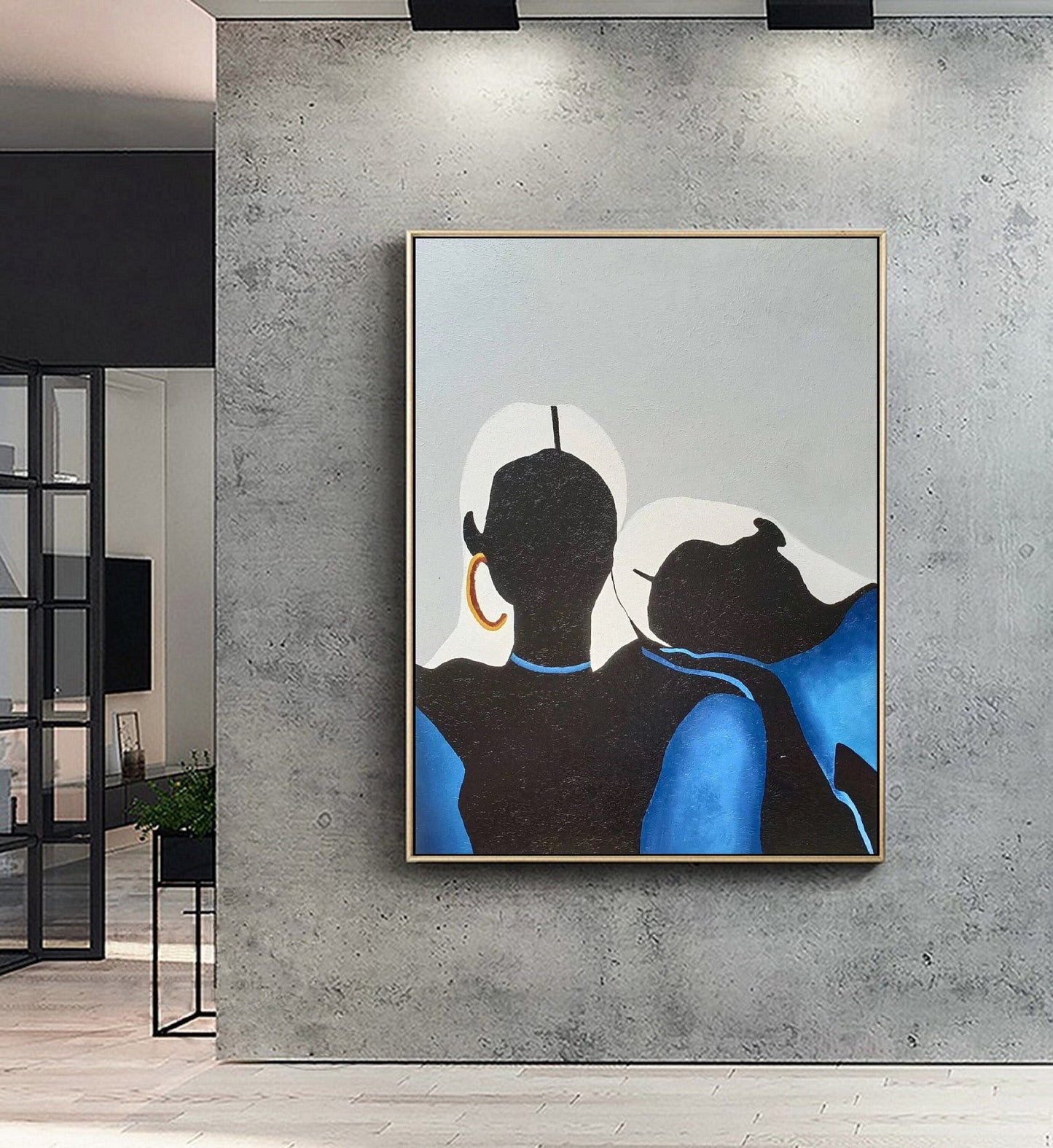 Original Sexy Women Minimalist Art Abstract Painting, Black Painting Blue Abstract Painting, Large Abstract Painting, Large Sofa Wall Art