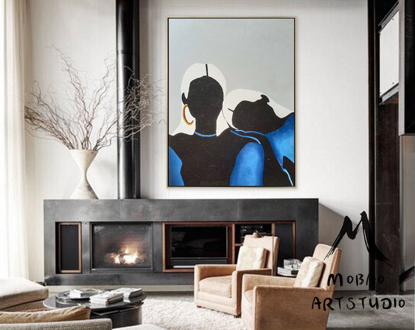 Original Sexy Women Minimalist Art Abstract Painting, Black Painting Blue Abstract Painting, Large Abstract Painting, Large Sofa Wall Art