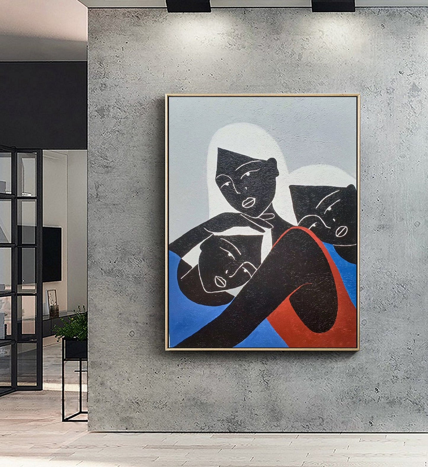 Original Black Women Art Painting Minimalist Art Abstract Painting, Blue Abstract Painting, Large Abstract Painting, Large Sofa Wall Art