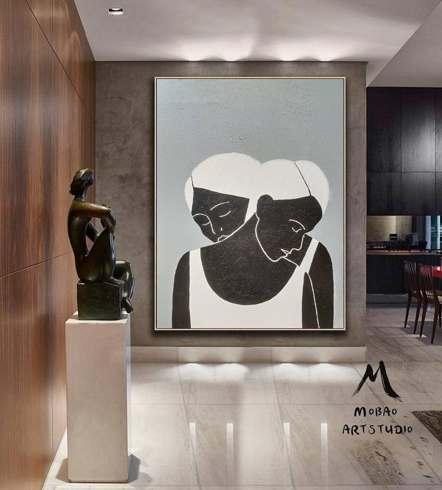 Large Black Women Abstract Painting Original,Minimalist Art,Black and White Abstract Painting, Gray Abstract Painting, Large Living Room Art