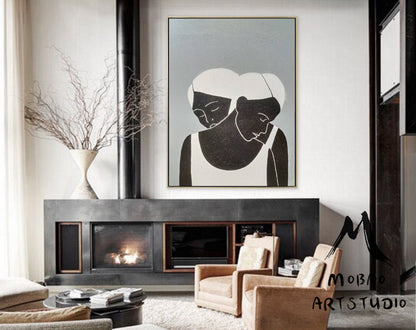 Large Black Women Abstract Painting Original,Minimalist Art,Black and White Abstract Painting, Gray Abstract Painting, Large Living Room Art