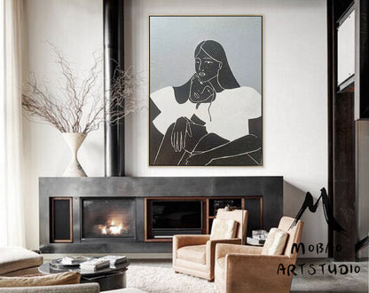Large Black and White Abstract Painting, Black Women Abstract Painting Original,Minimalist Art,Gray Abstract Painting, Large Living Room Art