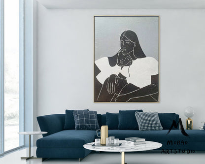 Large Black and White Abstract Painting, Black Women Abstract Painting Original,Minimalist Art,Gray Abstract Painting, Large Living Room Art