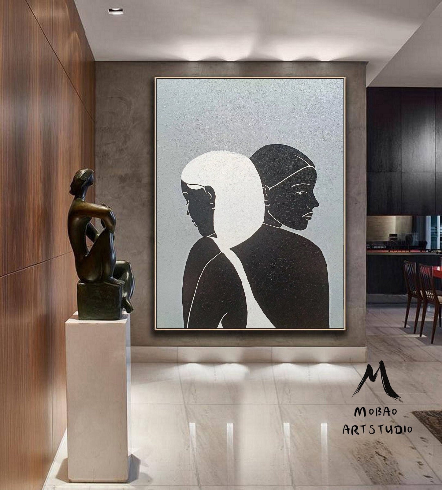 Sexy Women Abstract Painting Original,Minimalist Art,Large Gray Abstract Painting, Black and White Abstract Painting, Large Living Room Art