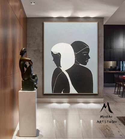 Sexy Women Abstract Painting Original,Minimalist Art,Large Gray Abstract Painting, Black and White Abstract Painting, Large Living Room Art