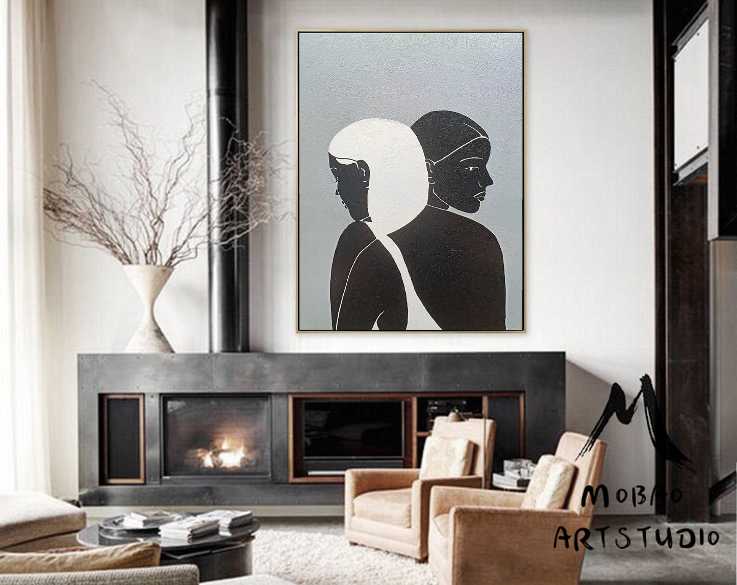 Sexy Women Abstract Painting Original,Minimalist Art,Large Gray Abstract Painting, Black and White Abstract Painting, Large Living Room Art