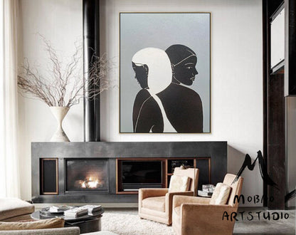 Sexy Women Abstract Painting Original,Minimalist Art,Large Gray Abstract Painting, Black and White Abstract Painting, Large Living Room Art
