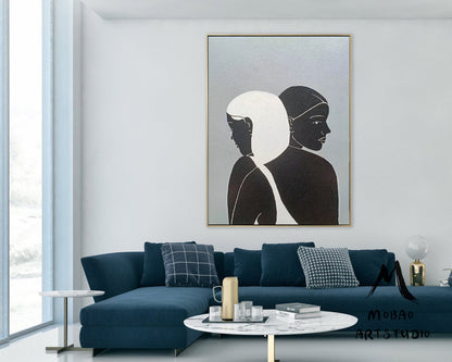 Sexy Women Abstract Painting Original,Minimalist Art,Large Gray Abstract Painting, Black and White Abstract Painting, Large Living Room Art