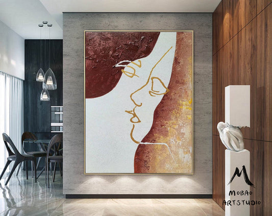 Sexy Women Abstract painting, Original Minimalist Art, Gold Painting Beige Abstract Painting,Large Abstract Painting, Large Sofa Wall Art