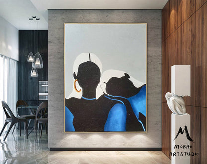 Original Sexy Women Minimalist Art Abstract Painting, Black Painting Blue Abstract Painting, Large Abstract Painting, Large Sofa Wall Art