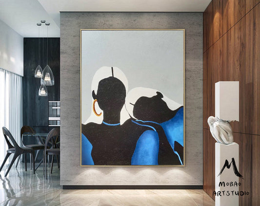 Original Sexy Women Minimalist Art Abstract Painting, Black Painting Blue Abstract Painting, Large Abstract Painting, Large Sofa Wall Art