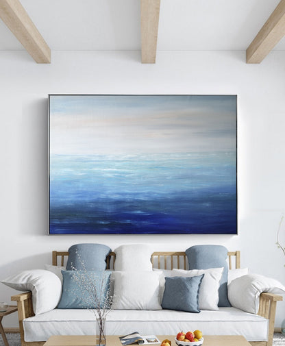 Large Blue Sea Abstract Art, Light Blue Ocean Abstract Painting,Sea Wave Abstract Canvas Oil Painting,Beige Sky Abstract Landscape Painting