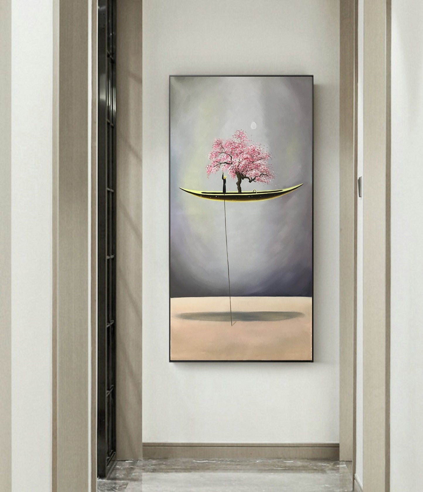 An Abstract Painting of a Floating Canoe,Abstract Oil Painting Artwork,Peach Blossom Tree Painting,Sailboat Painting Wooden Tall Ship Art